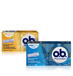 Billede af to stykker O.B. ProComfort Normal og Super. Produktet har tre eller fire dråber blod, hvilket indikerer, at de er egnede til normal og kraftig menstruation.